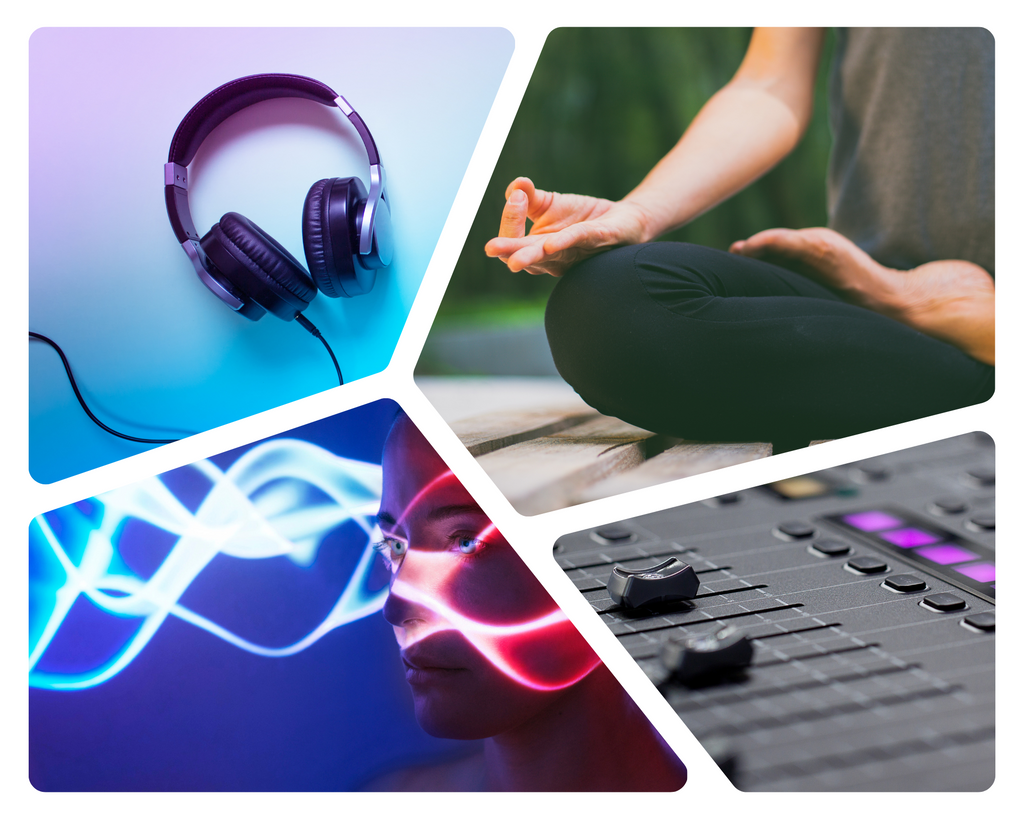 A collage of four images that show a pair of headphones, a yogi in easy pose, waves of light passing across a human face, and a sound board.