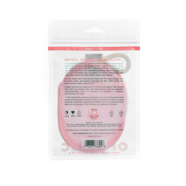 Back image of Exfoliating Hydro Soap Sac in the package. It is pink and oval with a small white strap.