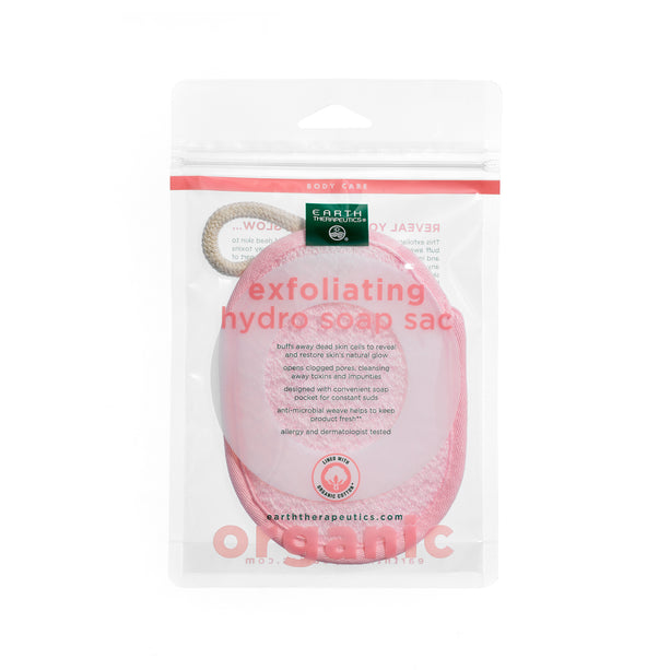 Front image of Exfoliating Hydro Soap Sac in the package. It is pink and oval with a small white strap.